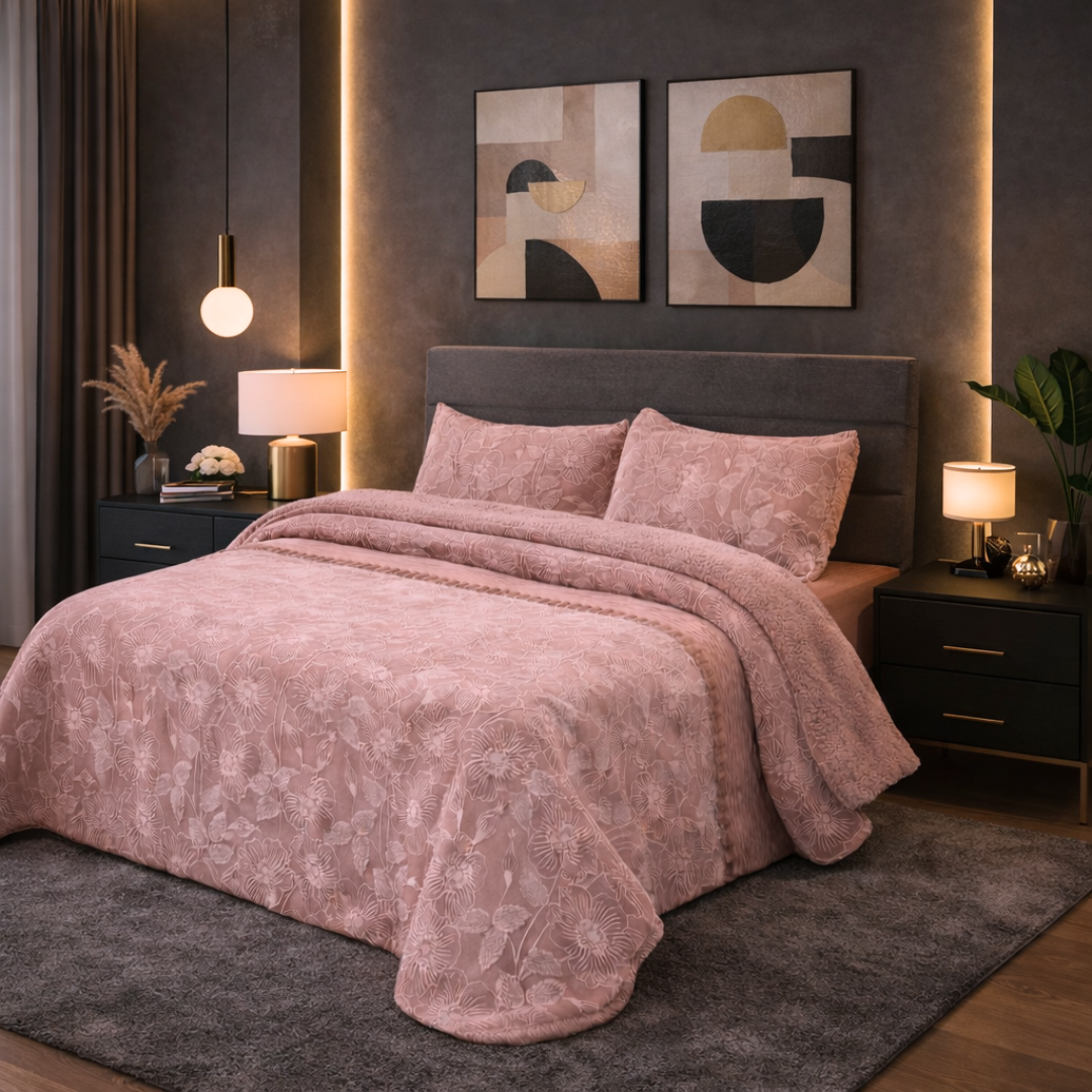 Edredão Veludo Alta Densidade Com Pelo Borrego Giona Rosa