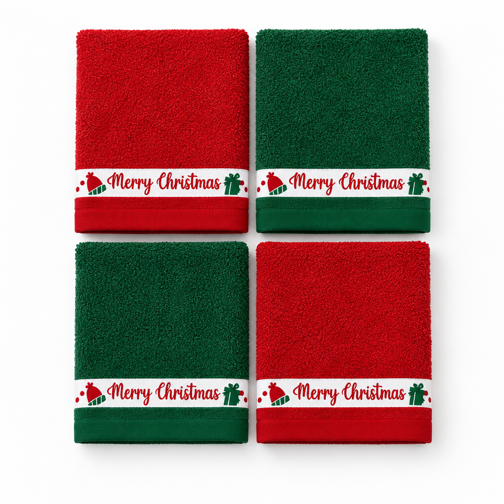 Quatro panos de cozinha Gorros dobrados, dois vermelhos e dois verdes, com faixas «Merry Christmas», gorros e presentes.
