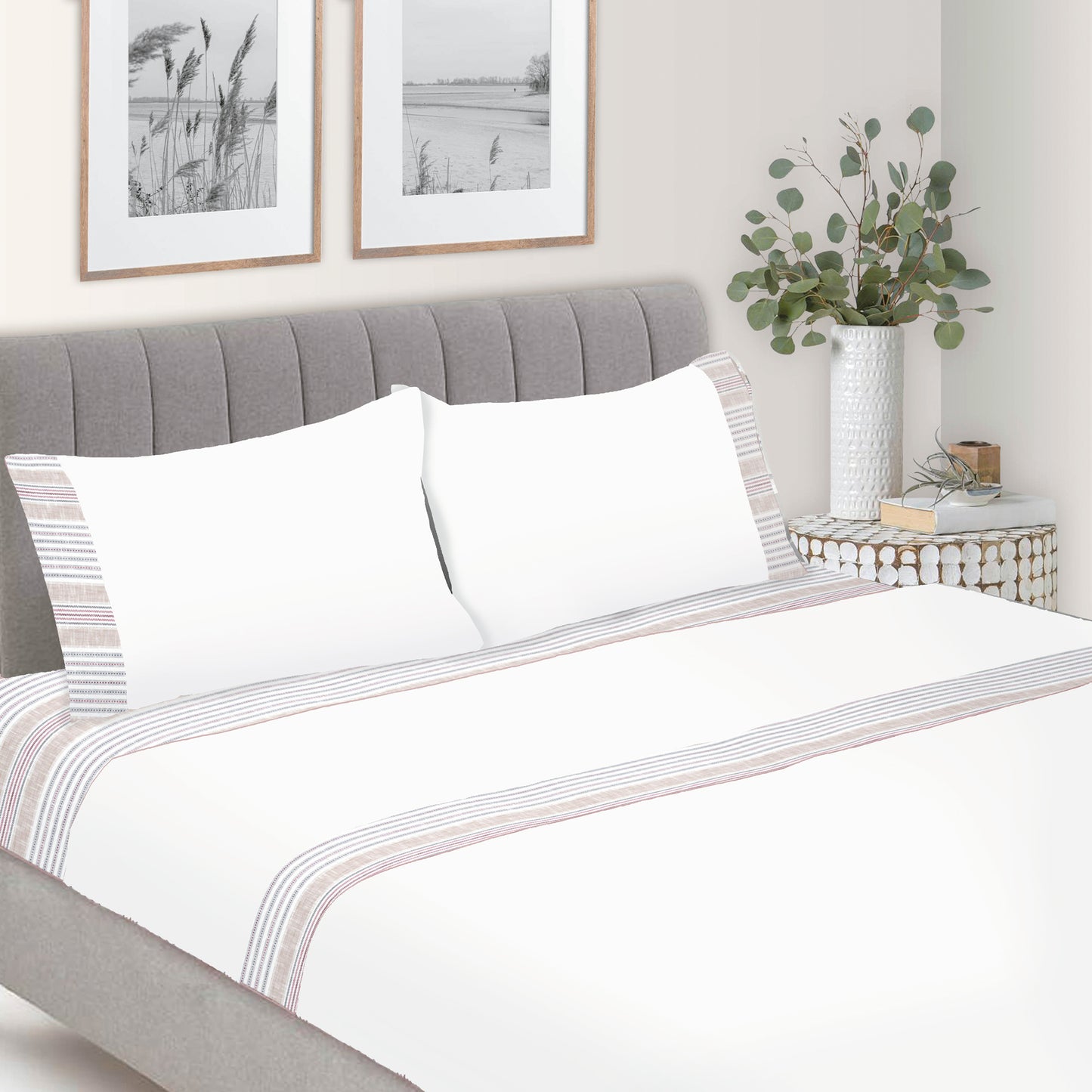 Jogo Lençóis Estampados 100% Algodão 150 Fios Riscas Branco