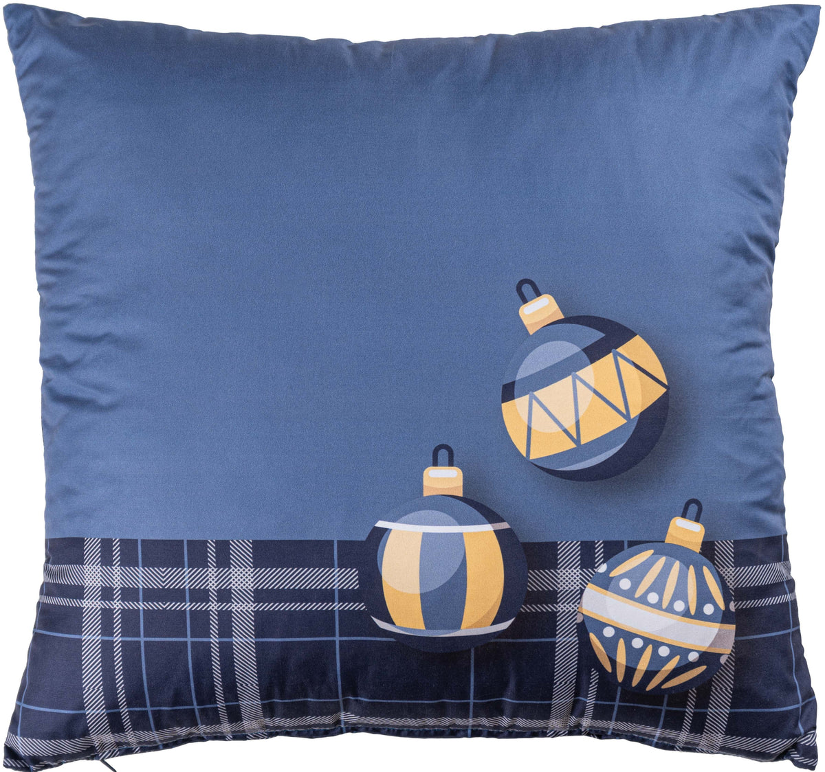 Outra face da Almofada de Natal Merry, com fundo azul, faixa de xadrez na base e três bolas de Natal em azul e amarelo-dourado