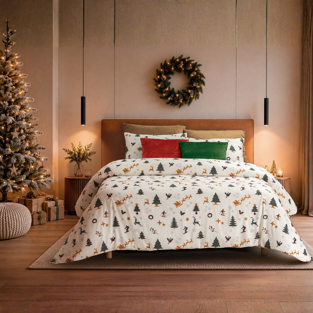 Capa de edredão de Natal Yuki com fronhas coordenadas, estampado natalício sobre fundo claro e almofadas decorativas verdes e vermelhas
