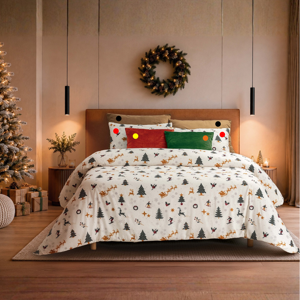 Capa de edredão de Natal Yuki com fronhas coordenadas, estampado natalício sobre fundo claro e almofadas decorativas verdes e vermelhas
