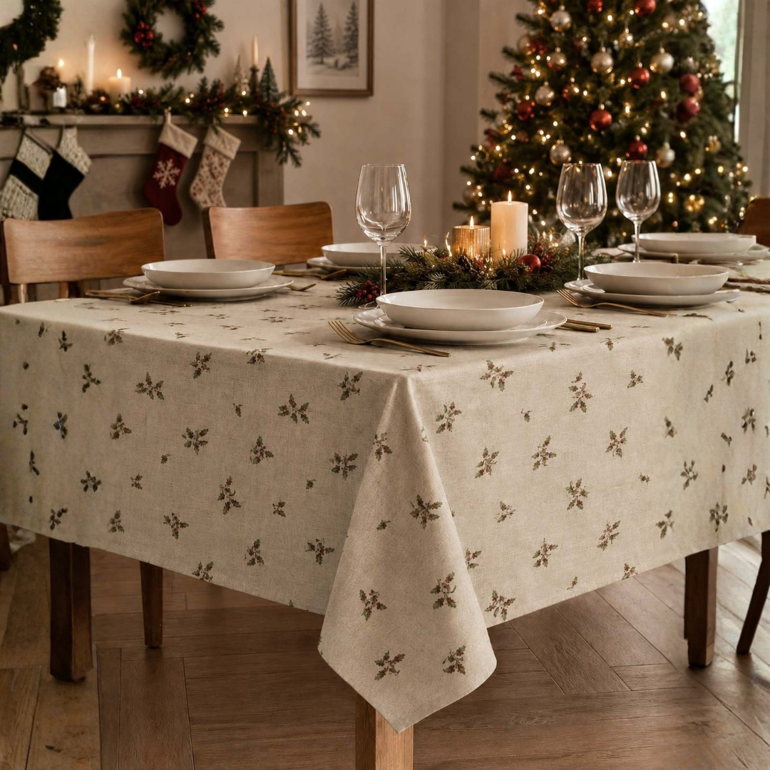 Toalha de mesa de Natal Natalis com efeito linho e pequenos motivos de folhagem sobre fundo claro, numa mesa decorada com loiça branca e velas
