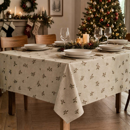 Toalha de mesa de Natal Natalis com efeito linho e pequenos motivos de folhagem sobre fundo claro, numa mesa decorada com loiça branca e velas

