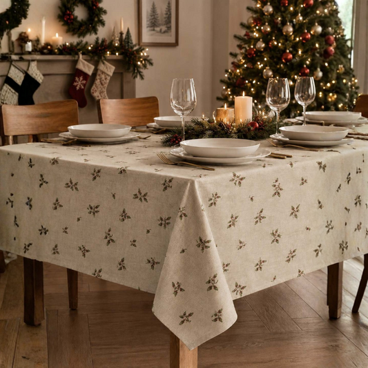 Toalha de mesa de Natal Natalis com efeito linho e pequenos motivos de folhagem sobre fundo claro, numa mesa decorada com loiça branca e velas
