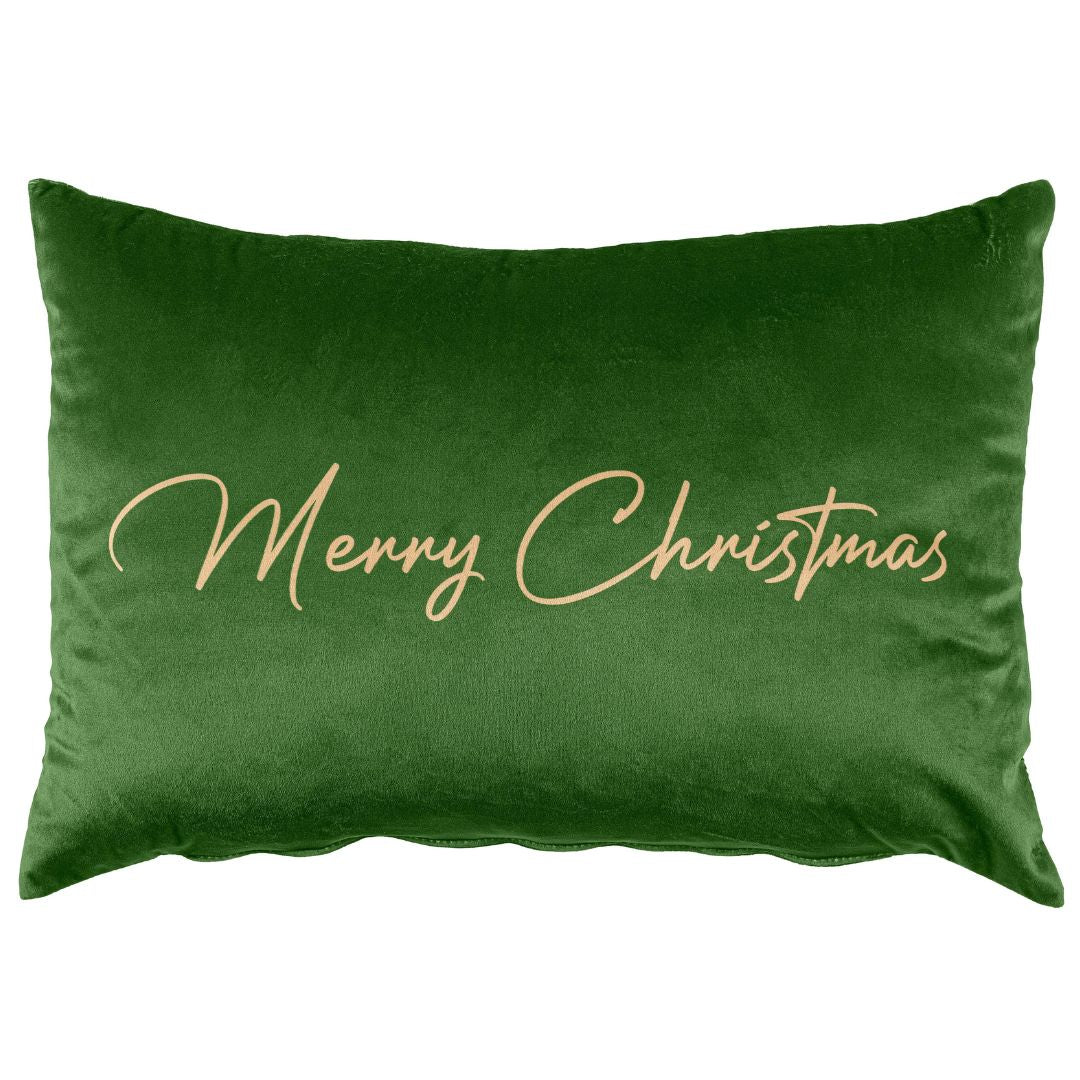 Almofada Decorativa de Natal Melodia em veludo verde, de formato retangular, com inscrição Merry Christmas em tom dourado
