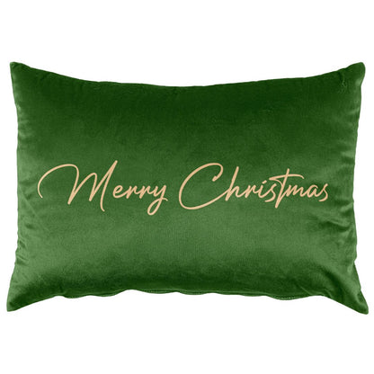 Almofada Decorativa de Natal Melodia em veludo verde, de formato retangular, com inscrição Merry Christmas em tom dourado
