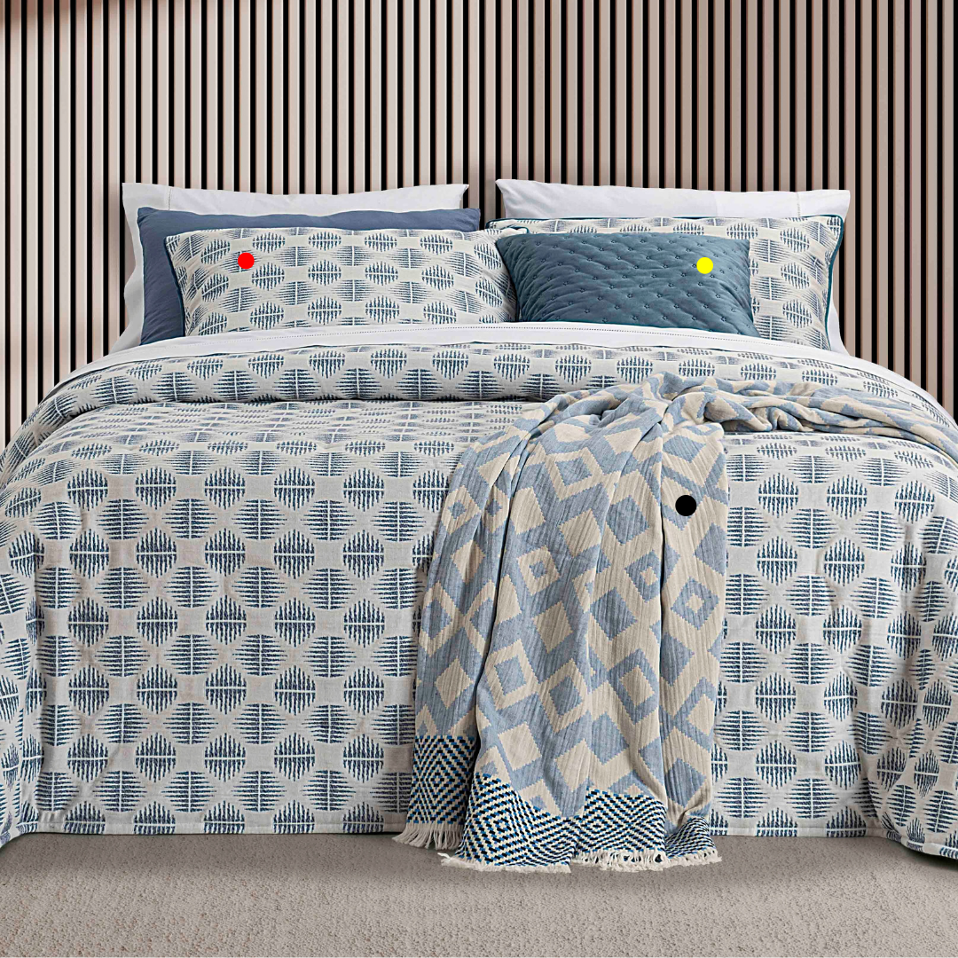 Edredão Conforter Oslo Azul com marcadores coloridos: vermelho para as almofadas incluídas, amarelo para a almofada decorativa e preto para a manta decorativa