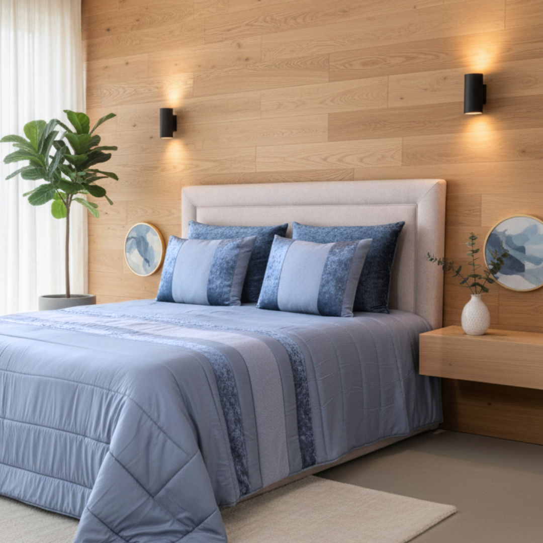 Edredón con apliques estampados y terciopelo azul Eterna II 