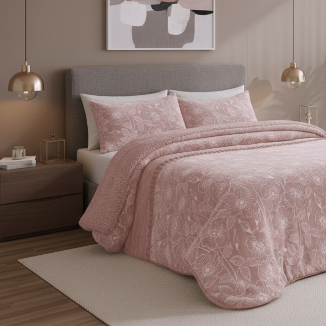 Edredão Veludo Alta Densidade Com Pelo Borrego Giona Rosa