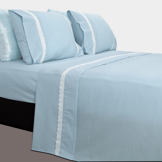 Jogo Lençóis Cama 100% Algodão C/ Bordado Inglês Cati  Azul 260x290