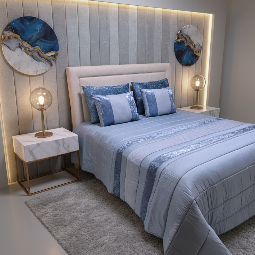 Edredón con apliques estampados y terciopelo azul Ruby II