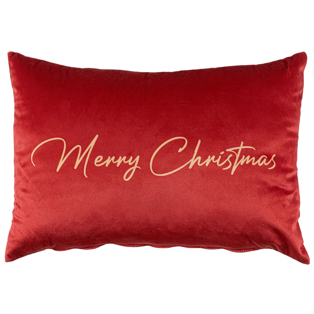 Almofada Decorativa de Natal Melodia em veludo vermelho, de formato retangular, com inscrição Merry Christmas em tom dourado
