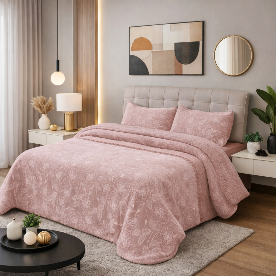 Edredão Veludo Alta Densidade Com Pelo Borrego Giona Rosa