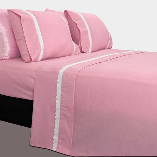 Jogo Lençóis Cama 100% Algodão C/ Bordado Inglês Cati Rosa 260x290