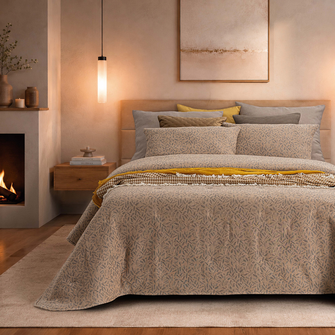 Edredão Conforter Doren Camel em jacquard, apresentado numa cama de casal