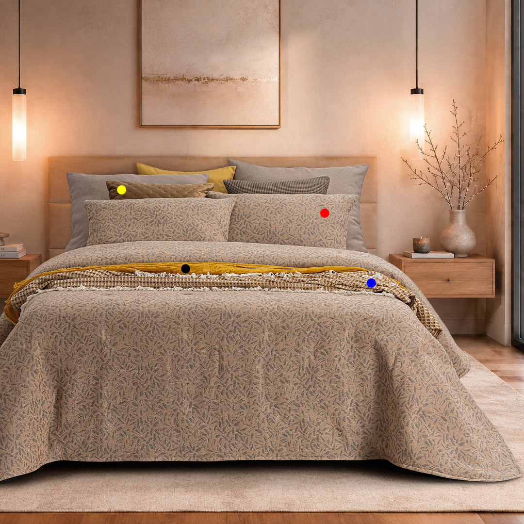 Vista aproximada do Edredão Conforter Doren Camel em jacquard numa cama de casal