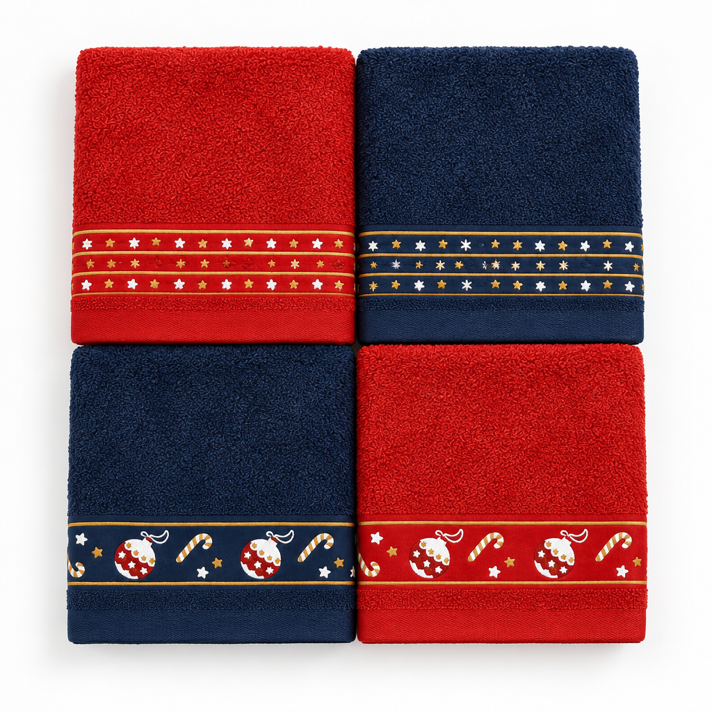 Conjunto de panos de cozinha natalícios Bolas, dobrados, em vermelho e azul-marinho, com faixas decorativas de estrelas e bolas de Natal.