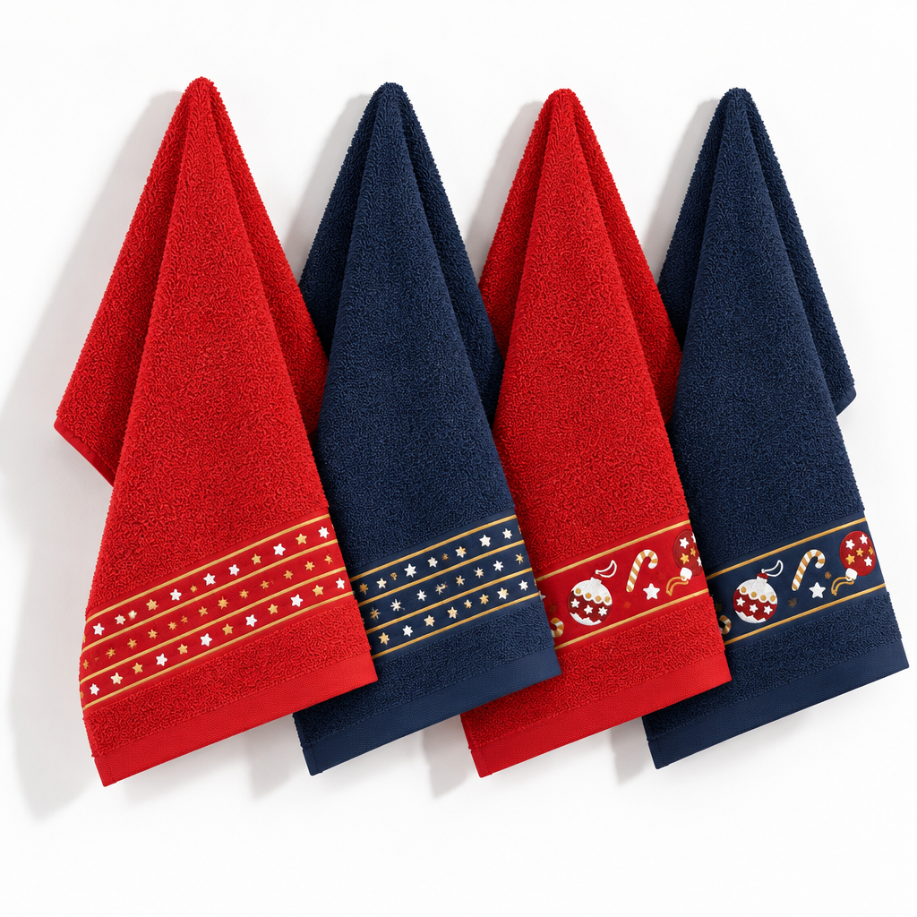 Panos de cozinha Bolas em felpo vermelho e azul-marinho, pendurados, com faixas decorativas de estrelas, bolas de Natal e bengalas doces.

