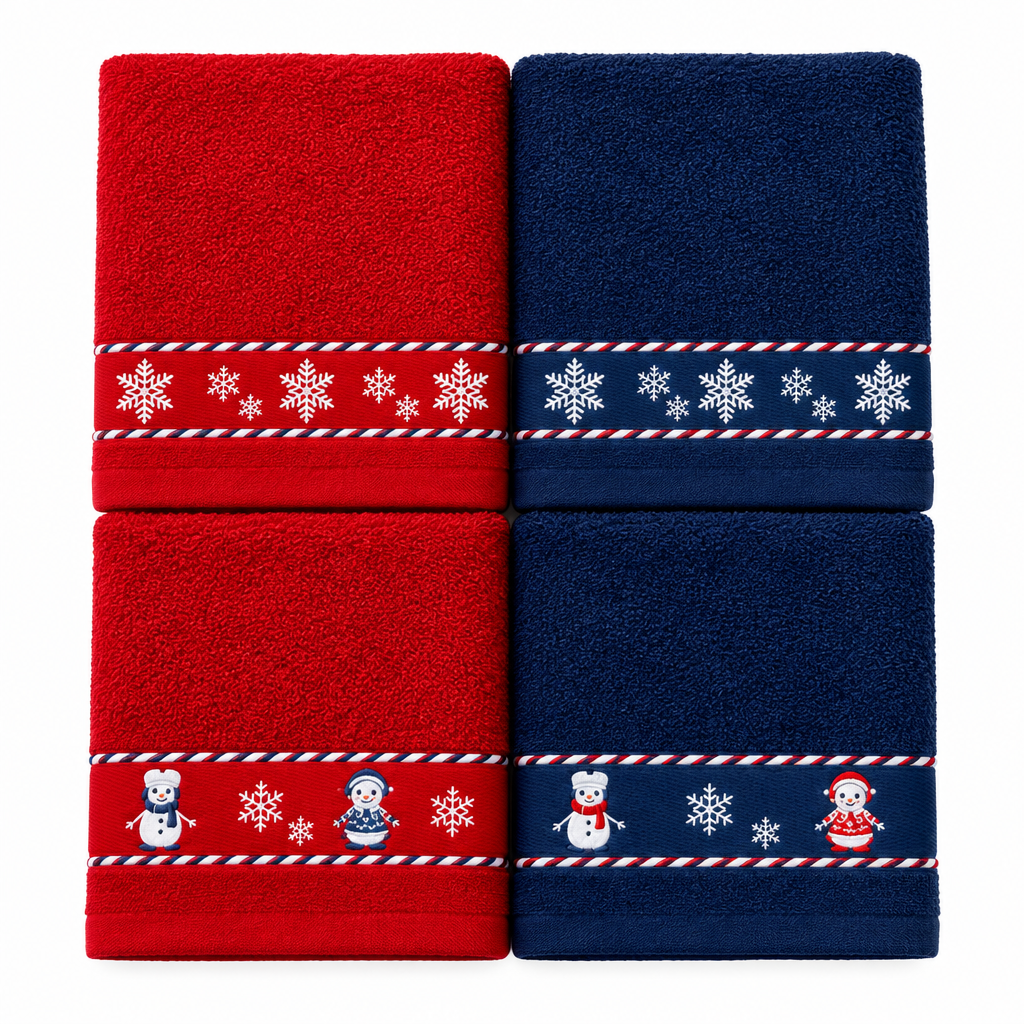 Panos de cozinha Bonecos de Neve dobrados, em vermelho e azul-marinho, com faixas decorativas de bonecos de neve e flocos de neve.
