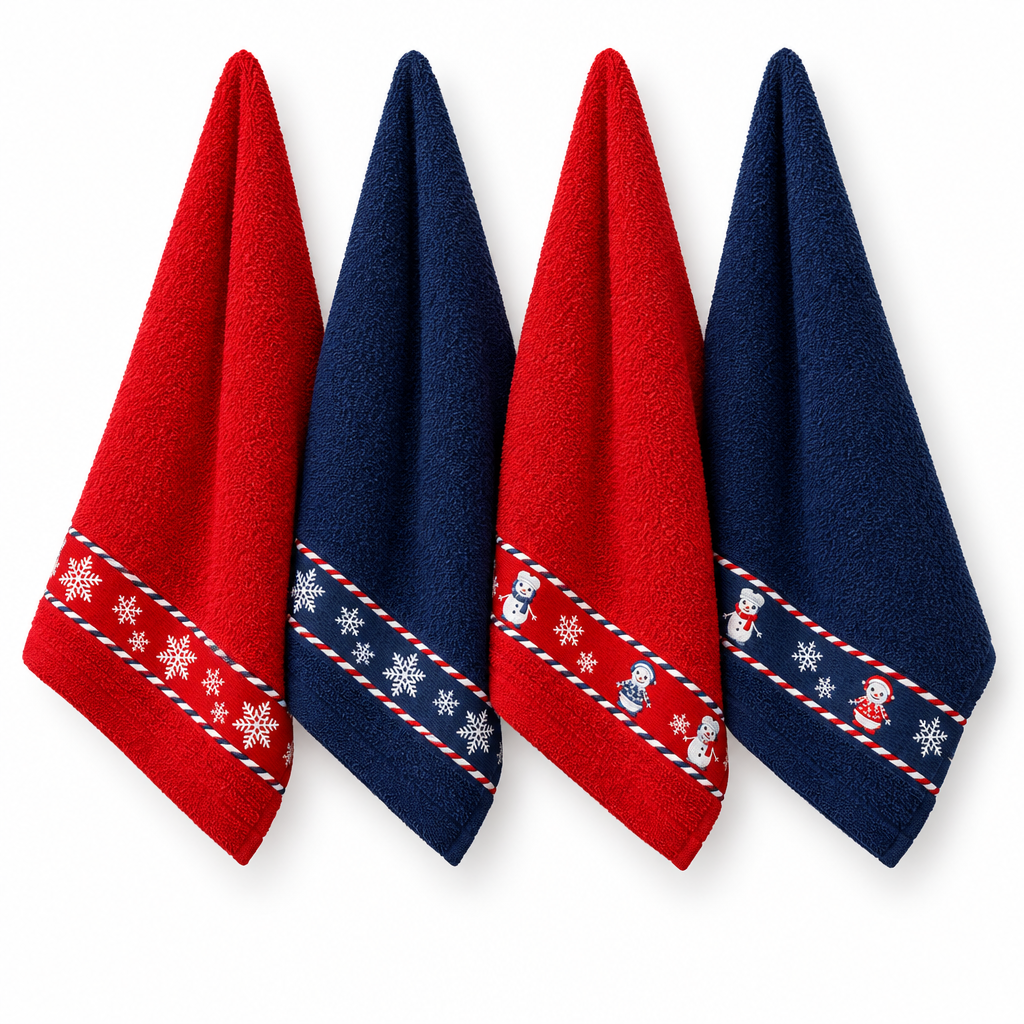 Panos de cozinha Bonecos de Neve pendurados, em vermelho e azul-marinho, com faixas decorativas de bonecos de neve e flocos de neve.
