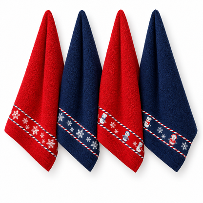 Panos de cozinha Bonecos de Neve pendurados, em vermelho e azul-marinho, com faixas decorativas de bonecos de neve e flocos de neve.
