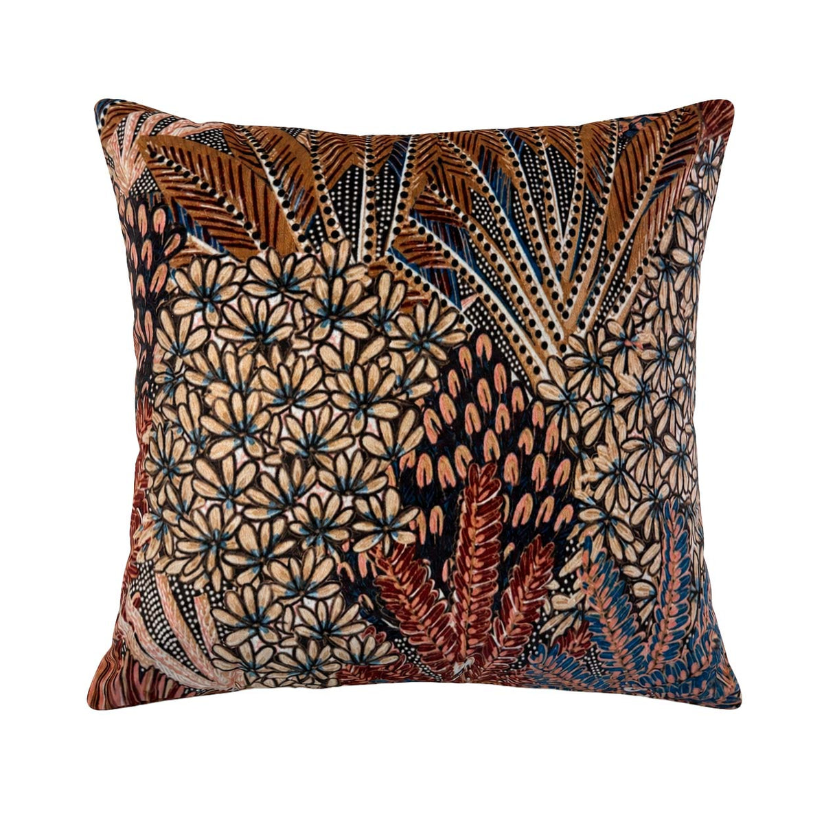 Almofada decorativa 50x50 cm em veludo estampado digital cobre, com estampado floral e folhagem em tons de cobre, creme e preto