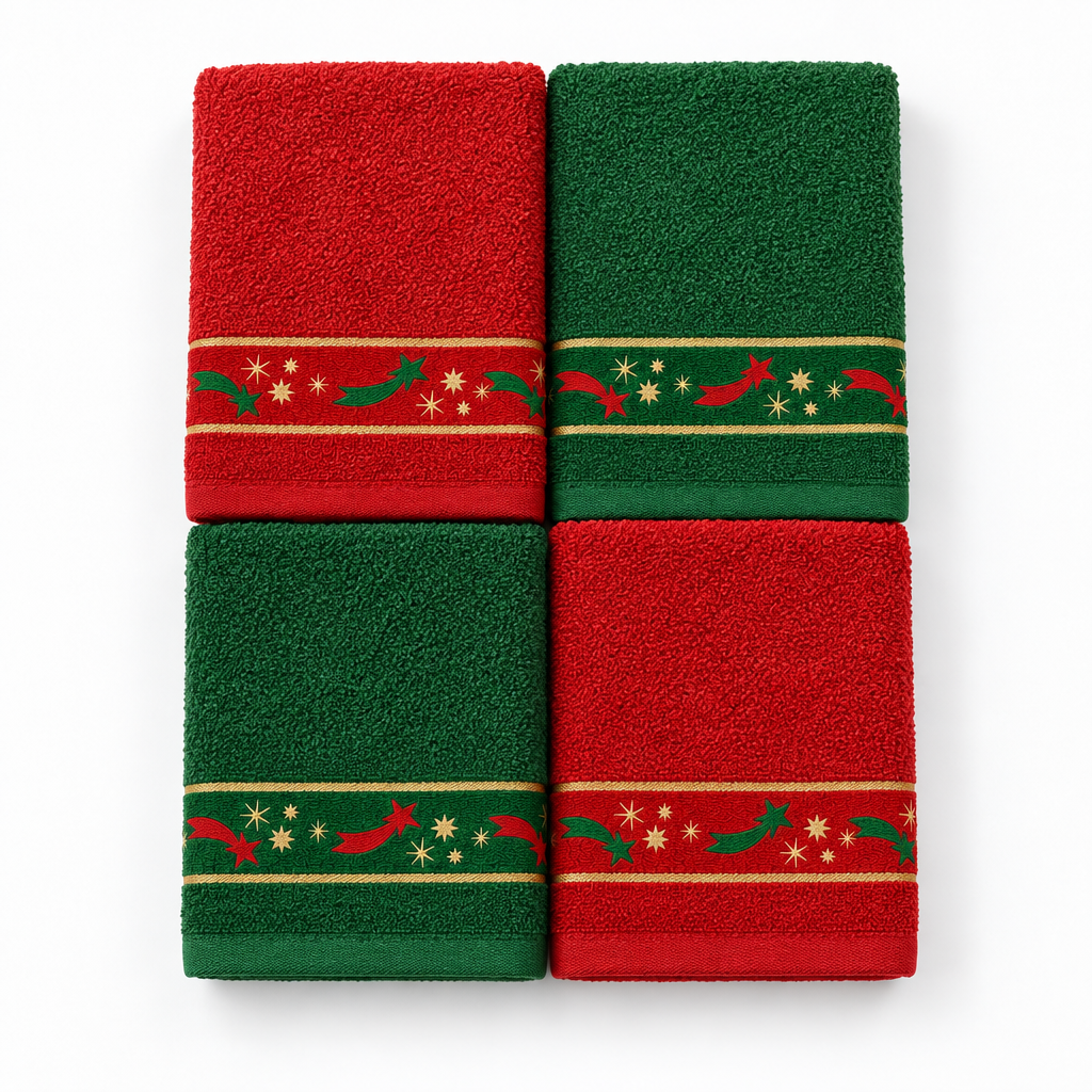 Conjunto de panos de cozinha Estrela dobrados, em vermelho e verde, com faixa decorativa de estrelas.