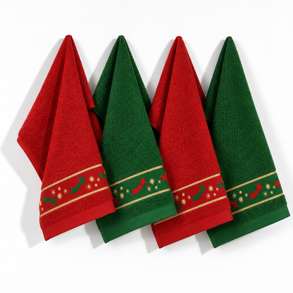 Panos de cozinha Estrela em vermelho e verde, pendurados, com faixa decorativa de estrelas.
