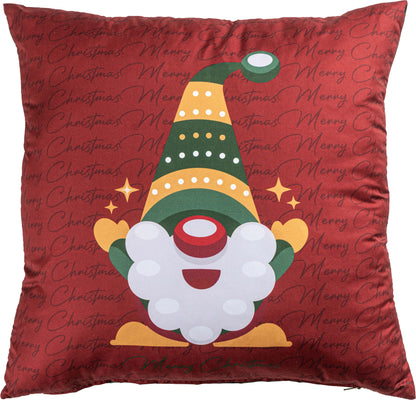 Almofada Decorativa de Natal Gnomo com fundo vermelho, um gnomo de gorro verde e amarelo ao centro e inscrições Merry Christmas
