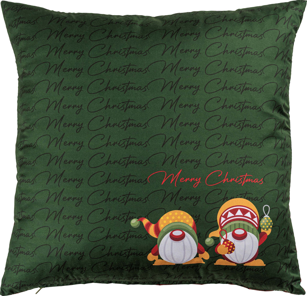Outra face da Almofada de Natal Gnomo, com fundo verde, dois pequenos gnomos na zona inferior e inscrições Merry Christmas
