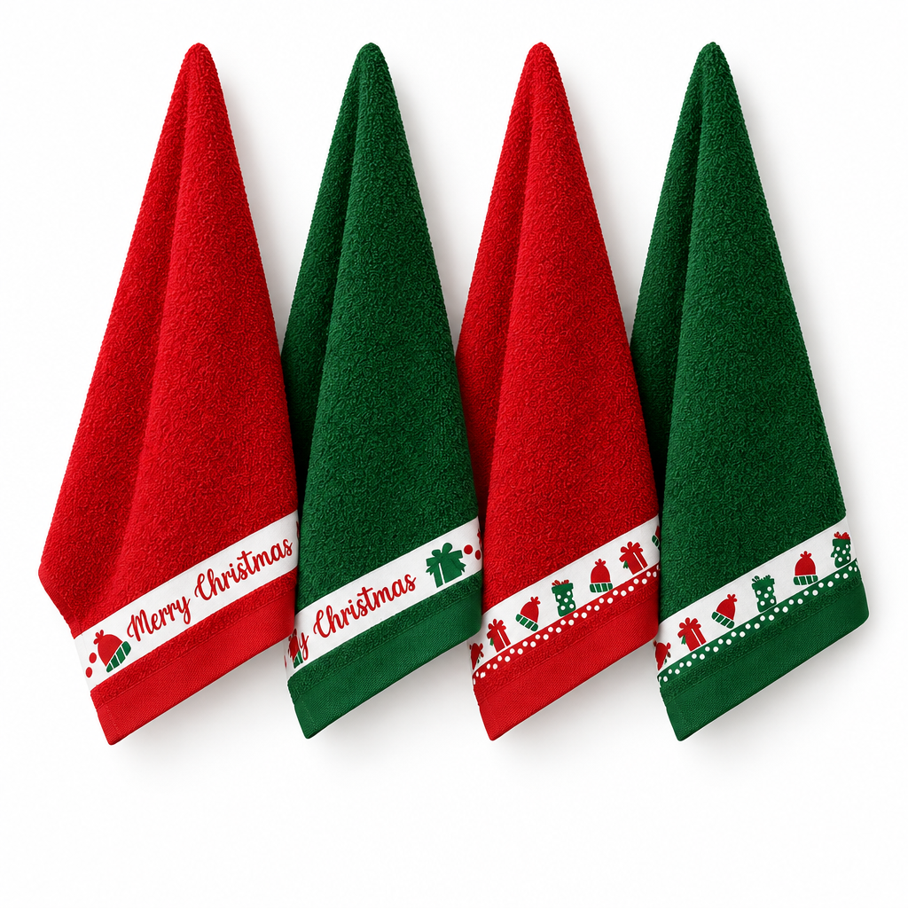 Panos de cozinha Gorros em vermelho e verde, pendurados, com faixas natalícias com «Merry Christmas», gorros e presentes.
