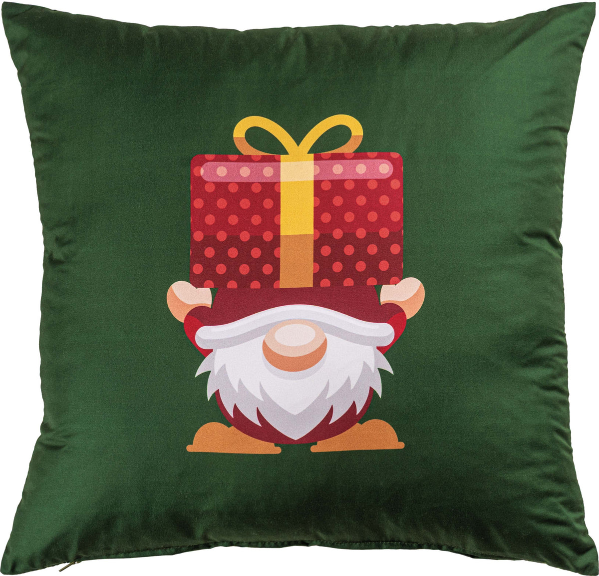 Almofada Decorativa de Natal Jingle com fundo verde e um gnomo de barba branca com um presente vermelho e laço amarelo sobre a cabeça
