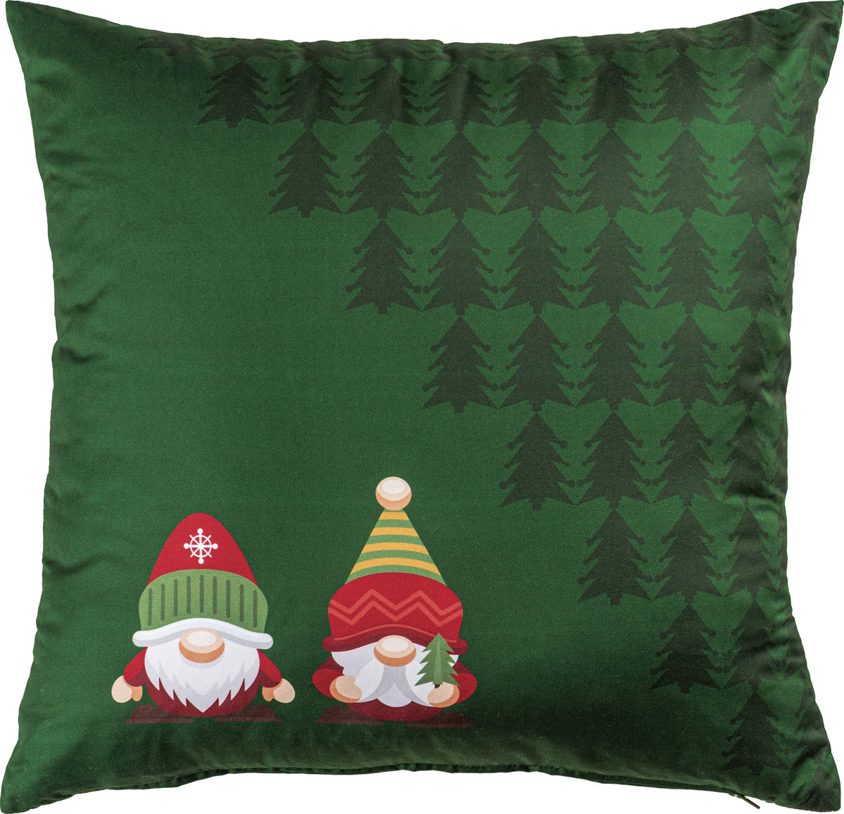Outra face da Almofada de Natal Jingle, com fundo verde, dois pequenos gnomos na zona inferior e padrão de pinheiros em tons de verde
