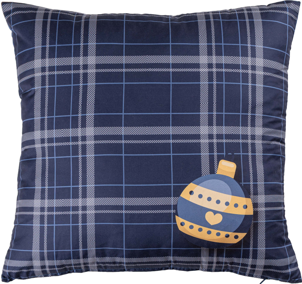 Almofada Decorativa de Natal Merry com xadrez azul-escuro e uma bola de Natal estampada com um coração
