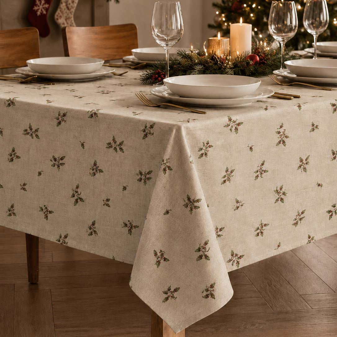 Toalha de mesa de Natal Natalis com efeito linho e pequenos motivos de folhagem sobre fundo claro, numa mesa decorada com loiça branca e velas
