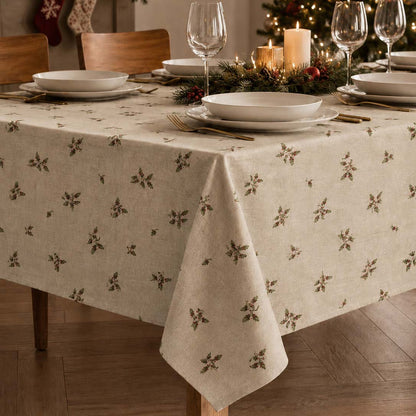 Toalha de mesa de Natal Natalis com efeito linho e pequenos motivos de folhagem sobre fundo claro, numa mesa decorada com loiça branca e velas
