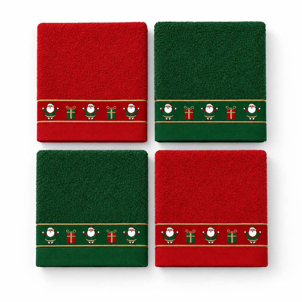 Quatro panos de cozinha Pai Natal dobrados, em vermelho e verde, com faixa natalícia de Pais Natais e presentes.