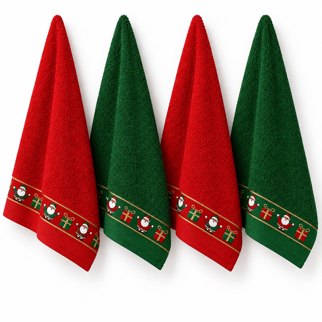 Panos de cozinha Pai Natal em vermelho e verde, pendurados, com faixa decorativa de Pais Natais e presentes.
