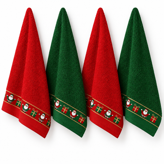 Panos de cozinha Pai Natal em vermelho e verde, pendurados, com faixa decorativa de Pais Natais e presentes.