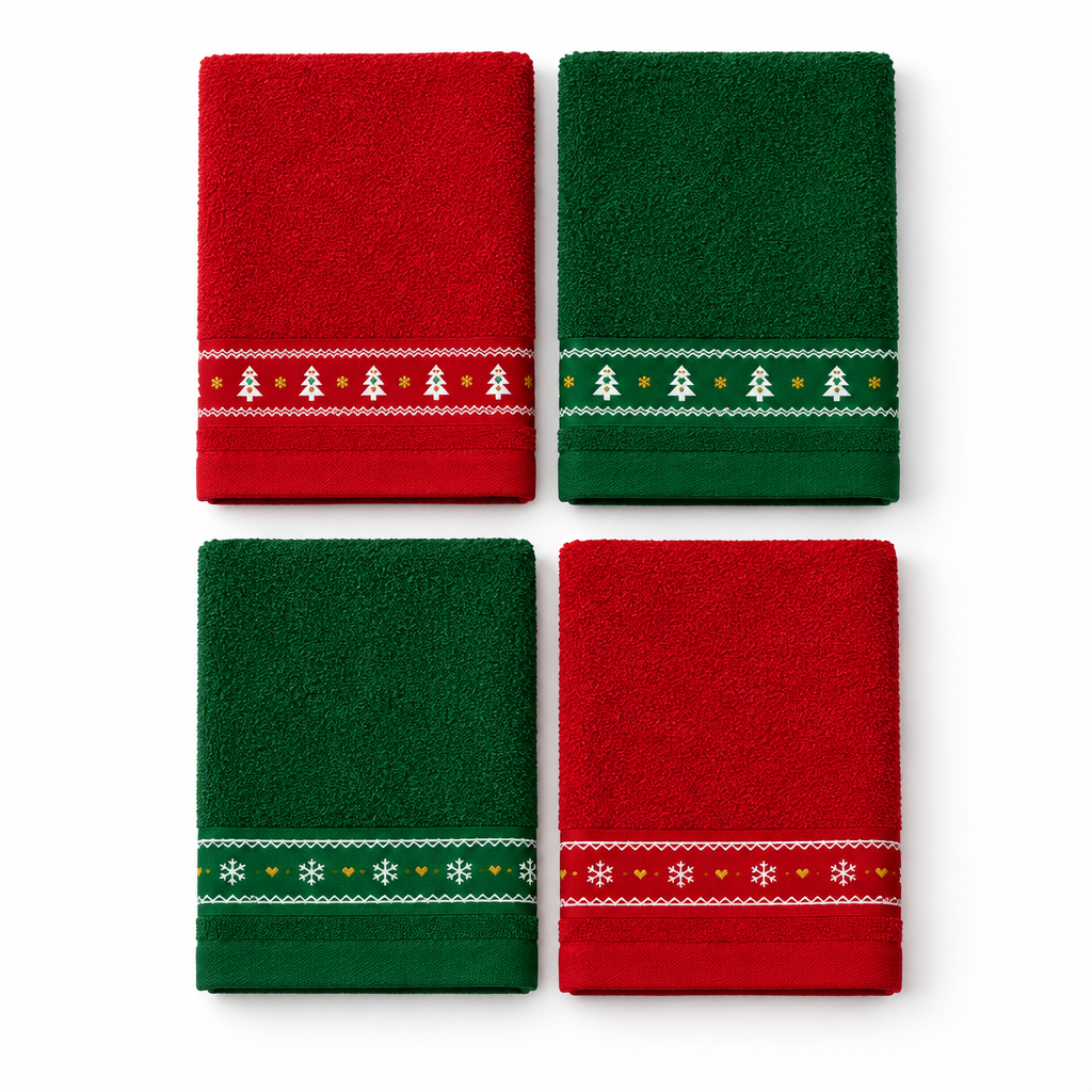 Quatro panos de cozinha Pinheiros dobrados, em vermelho e verde, com faixas de pinheiros, flocos de neve e detalhes dourados.