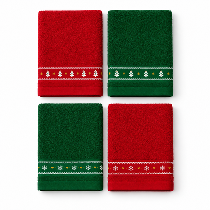 Quatro panos de cozinha Pinheiros dobrados, em vermelho e verde, com faixas de pinheiros, flocos de neve e detalhes dourados.