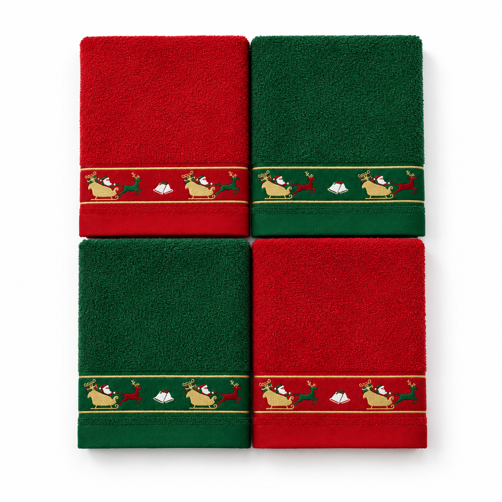 Quatro panos de cozinha Trenó dobrados, em vermelho e verde, com faixa natalícia do Pai Natal no trenó e renas.