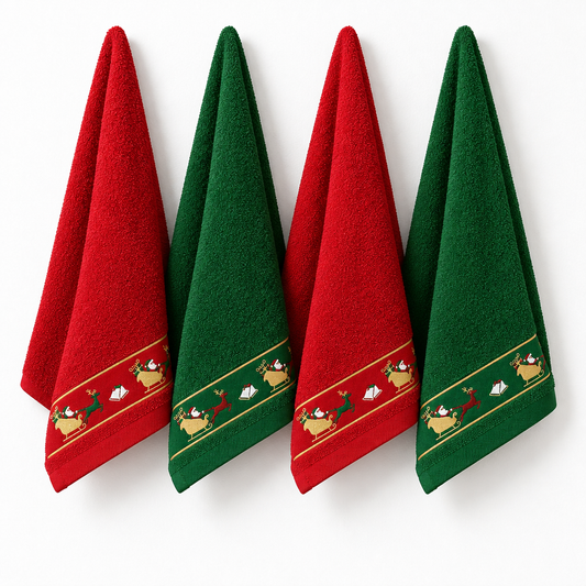 Panos de cozinha Trenó em vermelho e verde, pendurados, com faixa decorativa do Pai Natal no trenó e renas.