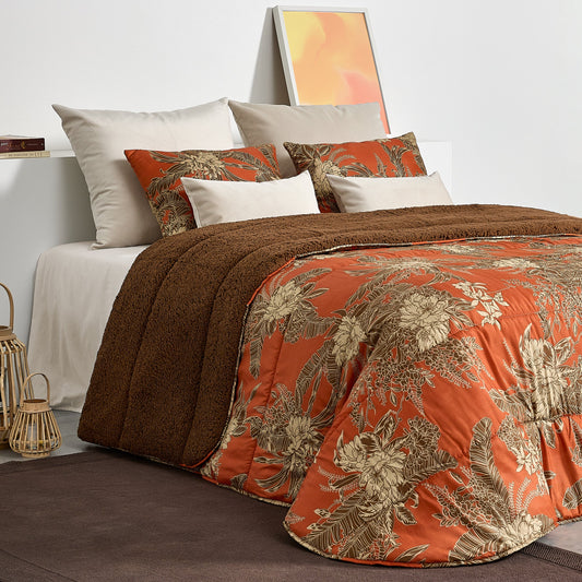 Edredão Estampado Digital C/ Pelo Borrego Tropical Laranja SOLTEIRO