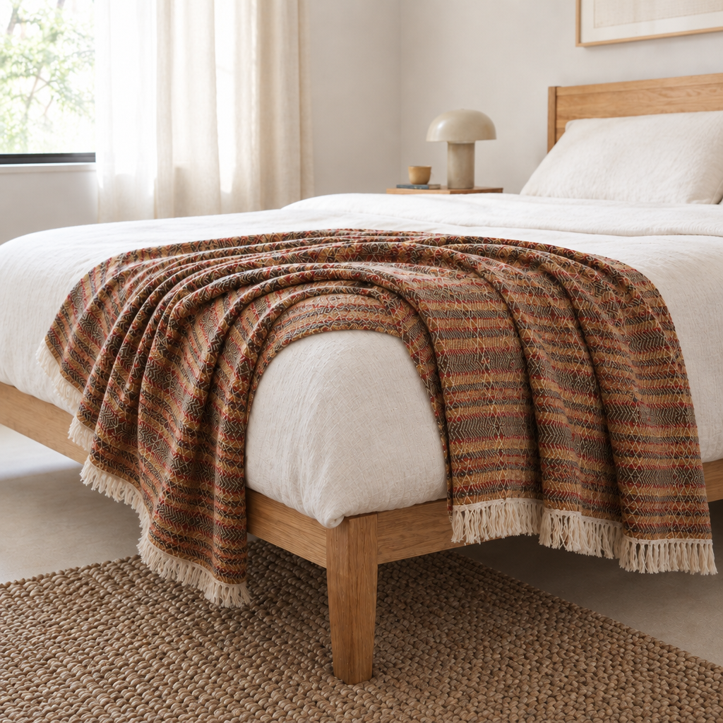 Manta 100% algodão Horizonte Camel, com padrão tecido em riscas e losangos em tons de castanho, terracota e verde-oliva, franjas creme, sobre cama com estrutura em madeira