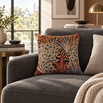 Almofada decorativa em veludo estampado digital cobre, com padrão floral e folhagem, sobre sofá cinzento numa sala de estar moderna